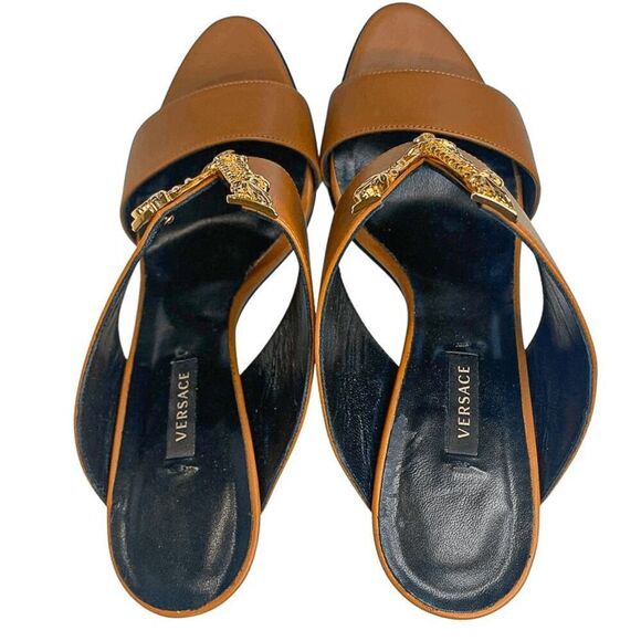 Versace Virtus Brown Leather Mules Heels Gold V Logo EU 39.5 Made in Italy - Picture 7 of 12